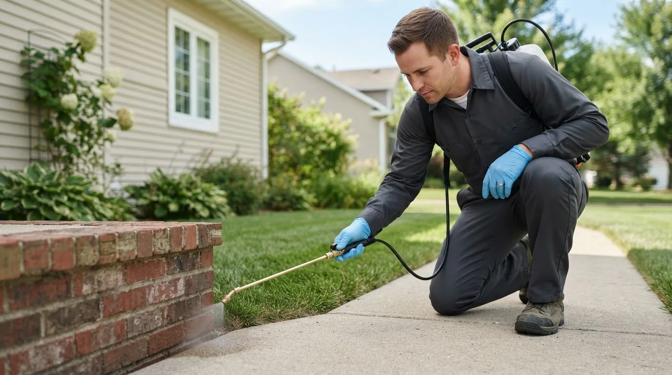 Pest control technician treating a home near Windsor Heights, WV